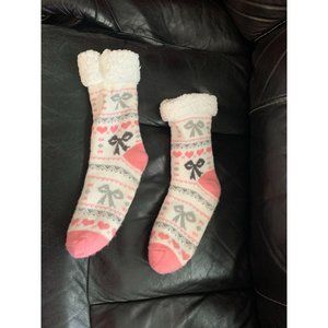 Thick Heavy Sherpa Lined Socks Womens OSFM Pink Gray Anti Slip Rubber Grip dots